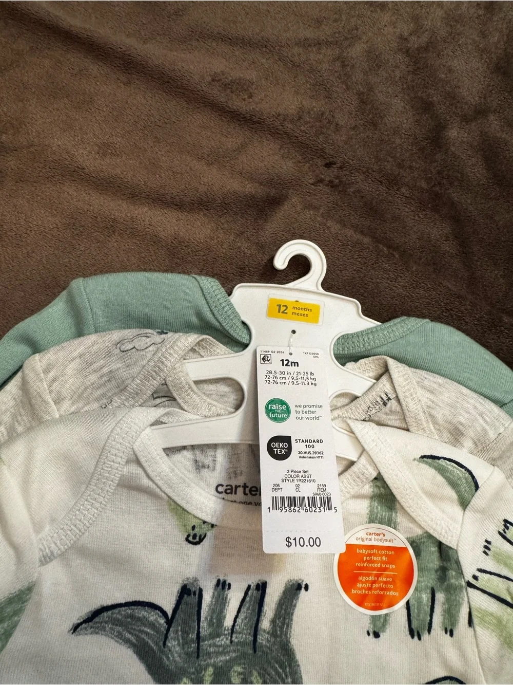 Carter's White One-Piece Set with Green Dino Print (3 Pack)